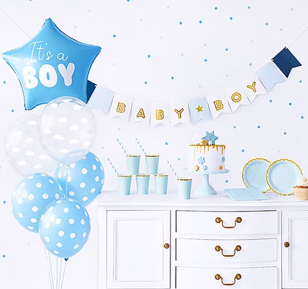 Baby Shower Deko Junge 49-tlg. It's a Boy Party-Set mit Ballons & Banner SALE Gender Reveal Party-Deko Party-Zubehör Tischdekoration Dekorierte Baby Shower Feier mit „It's a Boy“-Folienballon, Ballons, Banner und passendem Partygeschirr in Hellblau.