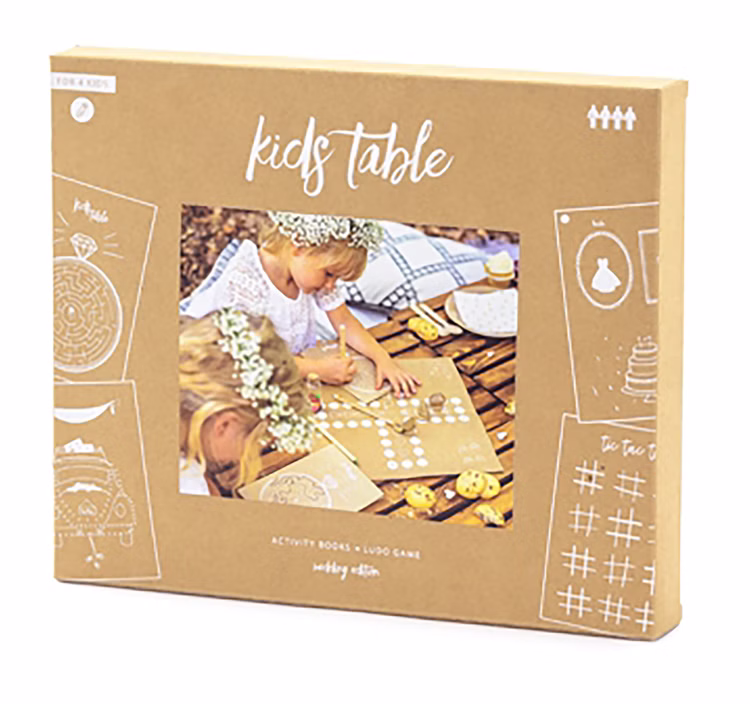 Hochzeitsbeschäftigung Kinder 37-tlg. Spiele-Set für Kindertisch Beschäftigung für den Kindertisch Hochzeitsfeier Geburtstag Jubiläum 37-teiliges Hochzeits-Spieleset für Kinder in dekorativer Kraftpapier-Box mit fünf verschiedenen Spielen.