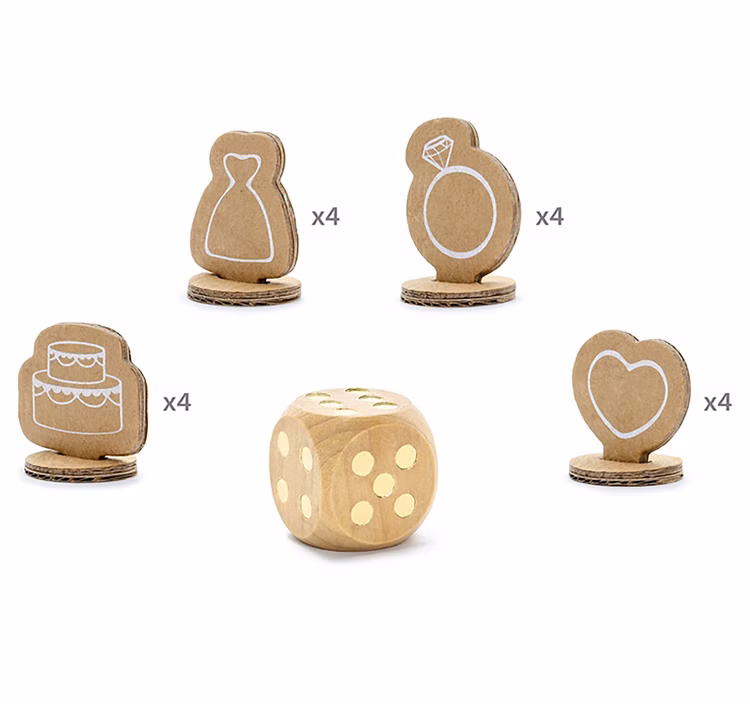 Hochzeitsbeschäftigung Kinder 37-tlg. Spiele-Set für Kindertisch Beschäftigung für den Kindertisch Hochzeitsfeier Geburtstag Jubiläum Holzwürfel und 16 Spielfiguren im Hochzeitsdesign mit Brautkleid, Ehering, Hochzeitstorte und Herz.