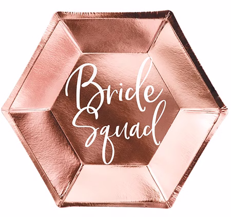 Bride Squad Teller Roségold 6 Stück JGA Deko Junggesellinnenabschied SALE Tischdeko Party-Deko JGA Pride To Be Bride Squad Party Hochzeit Roségoldfarbener sechseckiger Pappteller mit weißem Bride Squad Schriftzug für Junggesellinnenabschied und Brautparty.