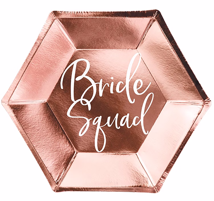 Bride Squad Teller Roségold 6 Stück JGA Deko Junggesellinnenabschied SALE Tischdeko Party-Deko JGA Pride To Be Bride Squad Party Hochzeit Roségoldfarbener sechseckiger Pappteller mit weißem Bride Squad Schriftzug für Junggesellinnenabschied und Brautparty.