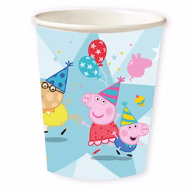 Bunte Partybecher mit Peppa Wutz Motiv, Konfetti-Design und Ballons – ideal für Kindergeburtstag und fröhliche Tischdekoration.