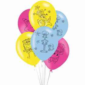 Bunter Ballonstrauß mit sechs Spongebob Schwammkopf Luftballons in Gelb, Blau und Pink, bedruckt mit Spongebob, Patrick Star, Thaddäus Tentakel und Gary für Kindergeburtstage und Motto-Partys.