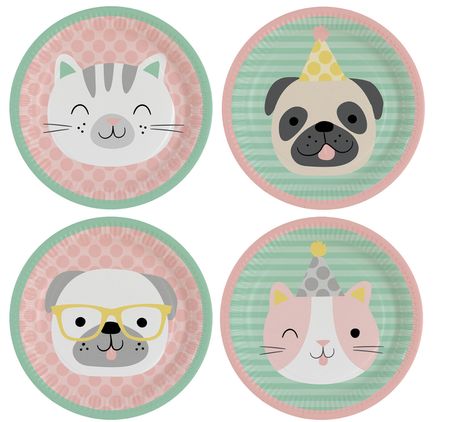 Hello Pets Teller Hund Katze Pastellfarben 8 Stück Party-Deko