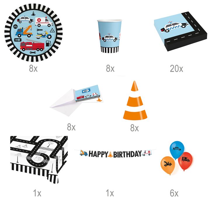 Darstellung des gesamten 60-teiligen Sets inklusive Geschirr, Deko und Zubehör für einen Kindergeburtstag.