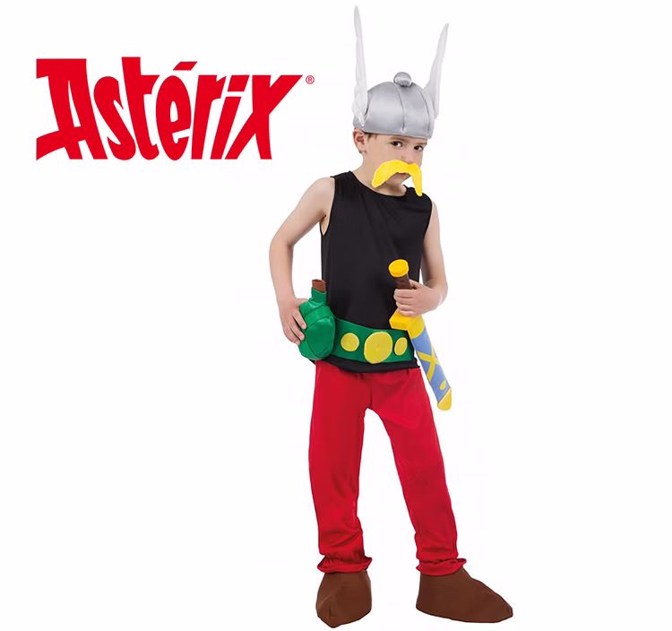 Asterix Kostüm deluxe für Kinder Gr. 104-152 Comic Gallier Fasching Karneval Mottoparty Kinderfasching Lizenzkostüm Asterix Kostüm deluxe für Kinder von Vorne mit Asterix-Logo in der Ecke