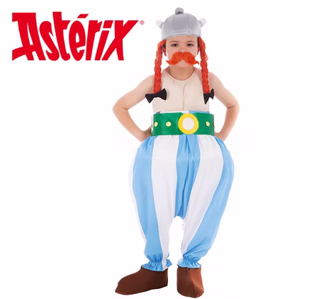 Obelix Kostüm deluxe für Kinder Gr. 116-152 blau weiß Comic Gallier Fasching Karneval Mottoparty Kinderfasching Lizenzkostüm Obelix Kostüm deluxe für Kinder von Vorne mit Asterix-Logo in der Ecke