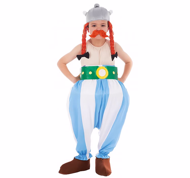 Obelix Kostüm deluxe für Kinder Gr. 116-152 blau weiß Comic Gallier Fasching Karneval Mottoparty Kinderfasching Lizenzkostüm Obelix Kostüm deluxe für Kinder von Vorne