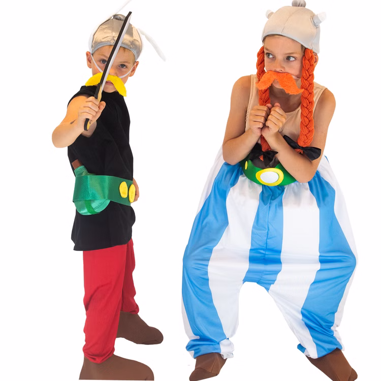 Obelix Kostüm deluxe für Kinder Gr. 116-152 blau weiß Comic Gallier Fasching Karneval Mottoparty Kinderfasching Lizenzkostüm Obelix Kostüm deluxe für Kinder von Vorne mit Asterix Kostüm für Kinder