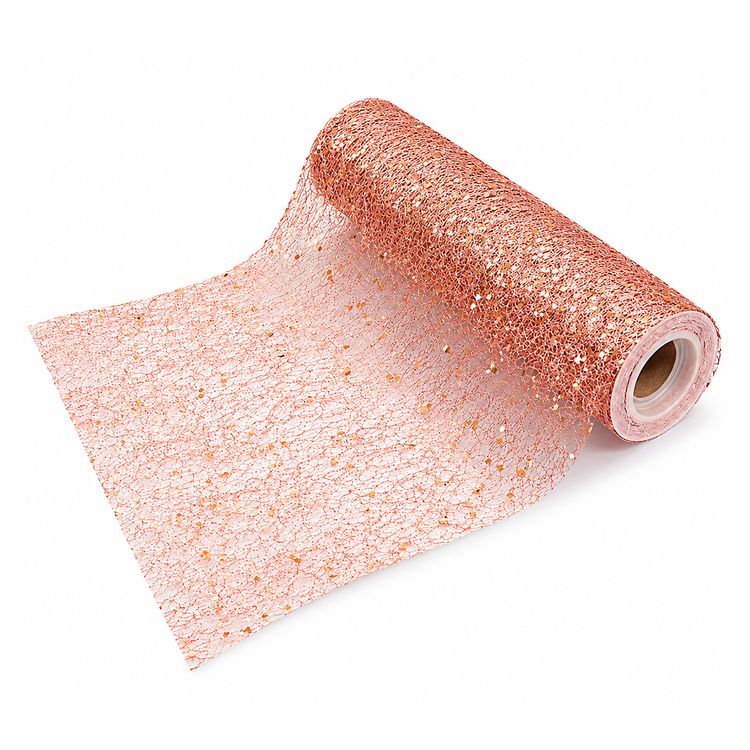 Glitzer Tischläufer Roségold 5 m x 30 cm Hochzeit Weihnachten Geburtstag Deko Nahaufnahme eines roségoldenen Glitter-Tischläufers auf Rolle mit funkelnder Struktur und dekorativer Netzoptik.