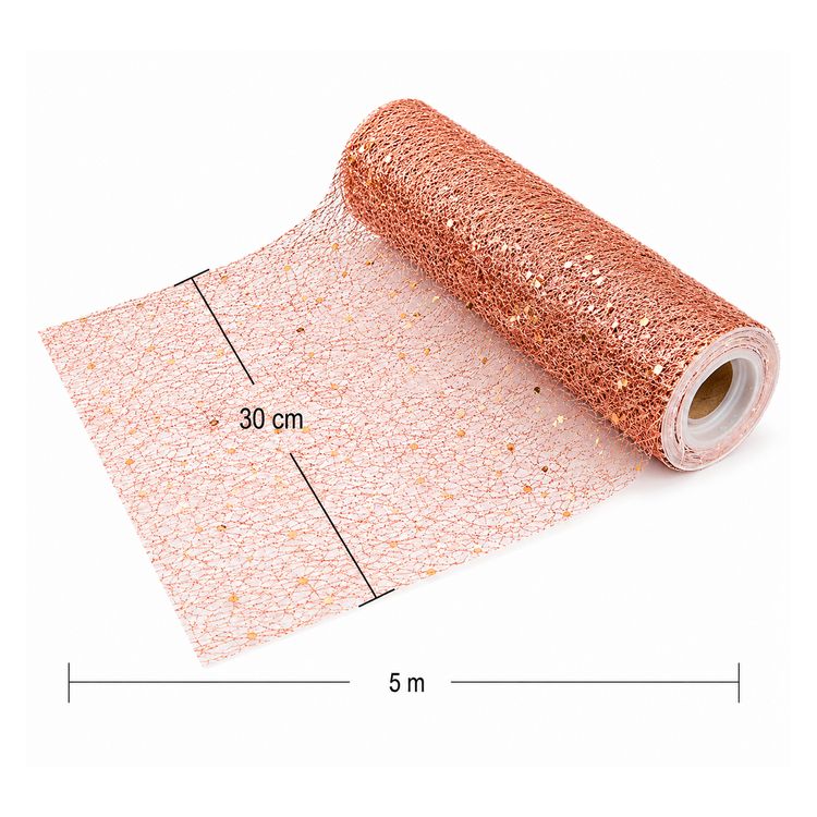 Glitzer Tischläufer Roségold 5 m x 30 cm Hochzeit Weihnachten Geburtstag Deko Nahaufnahme eines roségoldenen Glitter-Tischläufers auf Rolle mit funkelnder Struktur und dekorativer Netzoptik.