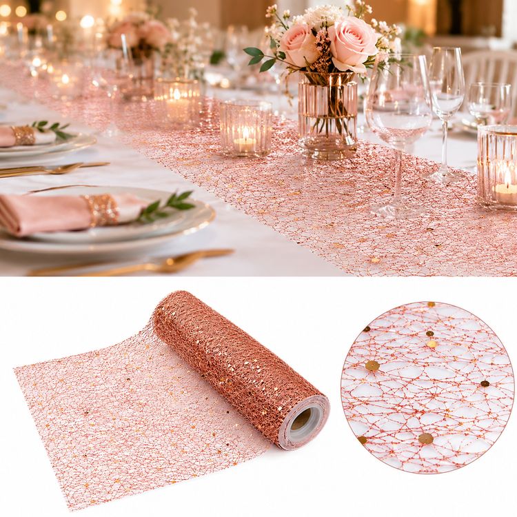 Glitzer Tischläufer Roségold 5 m x 30 cm Hochzeit Weihnachten Geburtstag Deko Nahaufnahme eines roségoldenen Glitter-Tischläufers auf Rolle mit funkelnder Struktur und dekorativer Netzoptik.