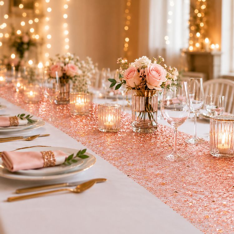 Glitzer Tischläufer Roségold 5 m x 30 cm Hochzeit Weihnachten Geburtstag Deko Nahaufnahme eines roségoldenen Glitter-Tischläufers auf Rolle mit funkelnder Struktur und dekorativer Netzoptik.