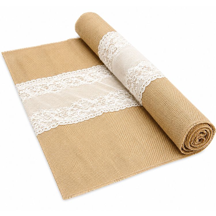 Jute Tischläufer mit weißer Spitze 3 m x 60 cm Vintage Hochzeits-Deko Jute-Tischläufer mit weißer Spitzenbordüre als dekorative Rolle für Hochzeiten und Vintage-Tischdeko.