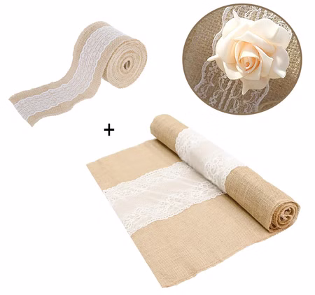 Deko-Set Tischläufer 3m x 60 cm und Band 5m x 8 cm Jute mit Spitze Hochzeit Weihanchten Bastel-Zubehör Deko-Set Tischläufer 3m x 60 cm und Band 5m x 8 cm Jute mit Spitze Hochzeit Weihanchten Bastel-Zubehör
