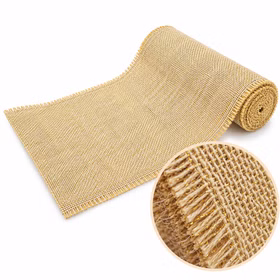 Naturfarbener Jute-Tischläufer mit goldenen Glitzerfasern und vergrößerter Detailansicht der groben Webstruktur.