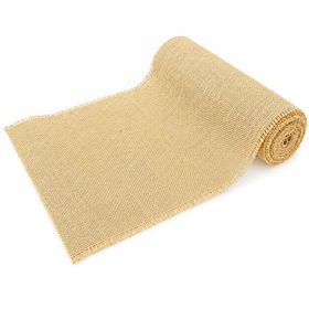 Naturfarbener Jute-Tischläufer mit goldenen Glitzerfasern und vergrößerter Detailansicht der groben Webstruktur.