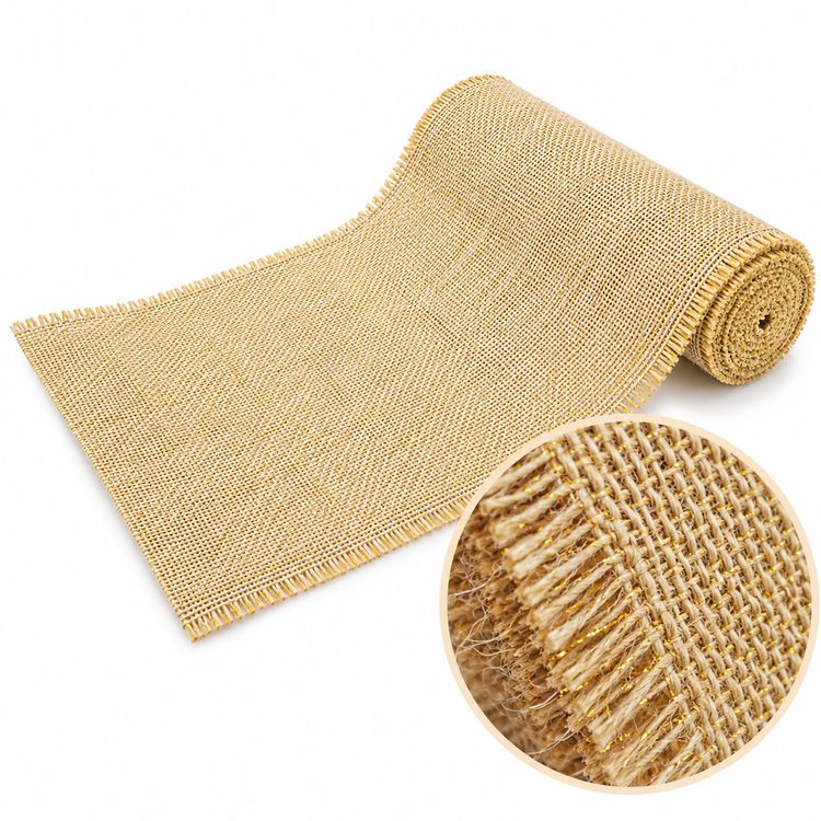 Naturfarbener Jute-Tischläufer mit goldenen Glitzerfasern und vergrößerter Detailansicht der groben Webstruktur.