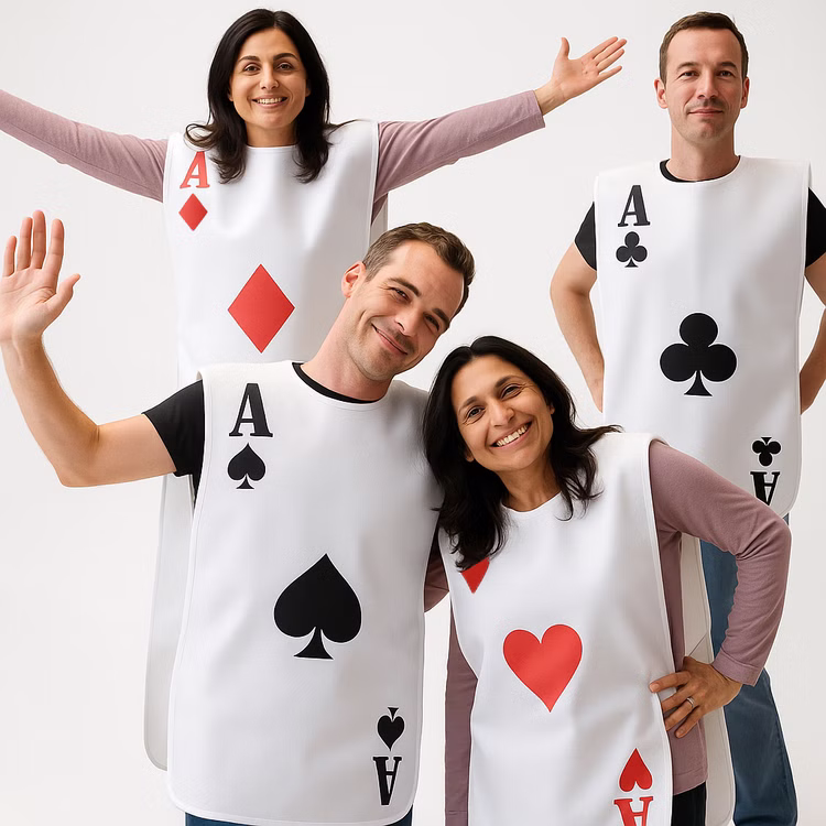 Unisex Kostüm Spielkarte Onesize rot schwarz Gruppenkostüm Fasching Karneval Gruppenkostüm Mottoparty Paarkostüm Spielkarten Kostüm für Erwachsene Karo Ass und Kreuz Ass Hinten und davor Pik Ass und Herz Ass von Vorne