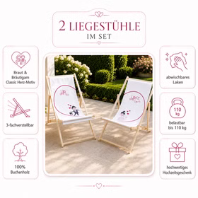 Hochzeits-Liegestuhl Mr. & Mrs. für Braut und Bräutigam Brautpaar individuelles Hochzeitsgeschenk 2 Liegestühle Geschenkidee zur Hochzeit Gastgeschenk Hochzeitsfeier Infografik zum Liegestuhl-Set mit Classic Herz-Motiv, Buchenholz, Verstellbarkeit und Belastbarkeit bis 110 kg. Hinweis: KI generiertes Bild