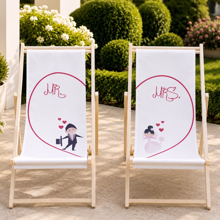 Hochzeits-Liegestuhl Mr. & Mrs. für Braut und Bräutigam Brautpaar individuelles Hochzeitsgeschenk 2 Liegestühle Geschenkidee zur Hochzeit Gastgeschenk Hochzeitsfeier Partner-Liegestühle mit Classic Herz-Motiv für Braut und Bräutigam auf Terrasse mit Gartenhintergrund. Hinweis: KI generiertes Bild