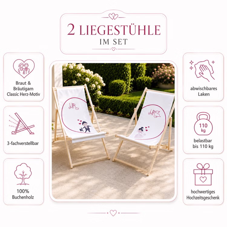 Hochzeits-Liegestuhl Mr. & Mrs. für Braut und Bräutigam Brautpaar individuelles Hochzeitsgeschenk 2 Liegestühle Geschenkidee zur Hochzeit Gastgeschenk Hochzeitsfeier Infografik zum Liegestuhl-Set mit Classic Herz-Motiv, Buchenholz, Verstellbarkeit und Belastbarkeit bis 110 kg. Hinweis: KI generiertes Bild