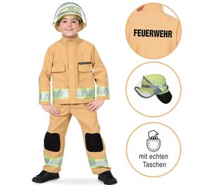 Kinder Kostüm Feuerwehr inkl. Helm Gr. 104-128 sandfarben Berufs-Feuerwehr Fasching Karneval Kindergeburtstag Freizeit Spielzeug