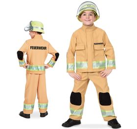 Kinder Kostüm Feuerwehr inkl. Helm Gr. 104-128 sandfarben Berufs-Feuerwehr Fasching Karneval Kindergeburtstag Freizeit Spielzeug