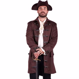 Piraten Jacke Kostüm Sir Lancester deluxe für Herren von Vorne mit den Händen auf den Degen gestützt