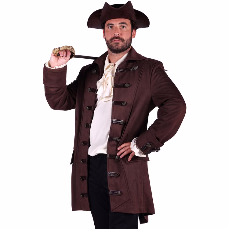 Piraten Jacke Kostüm Sir Lancester deluxe für Herren Gr. M-XXXL braun Seeräuber Fasching Karneval Mottoparty Piraten Jacke Kostüm Sir Lancester deluxe für Herren von Vorne mit Degen über der rechten Schulter