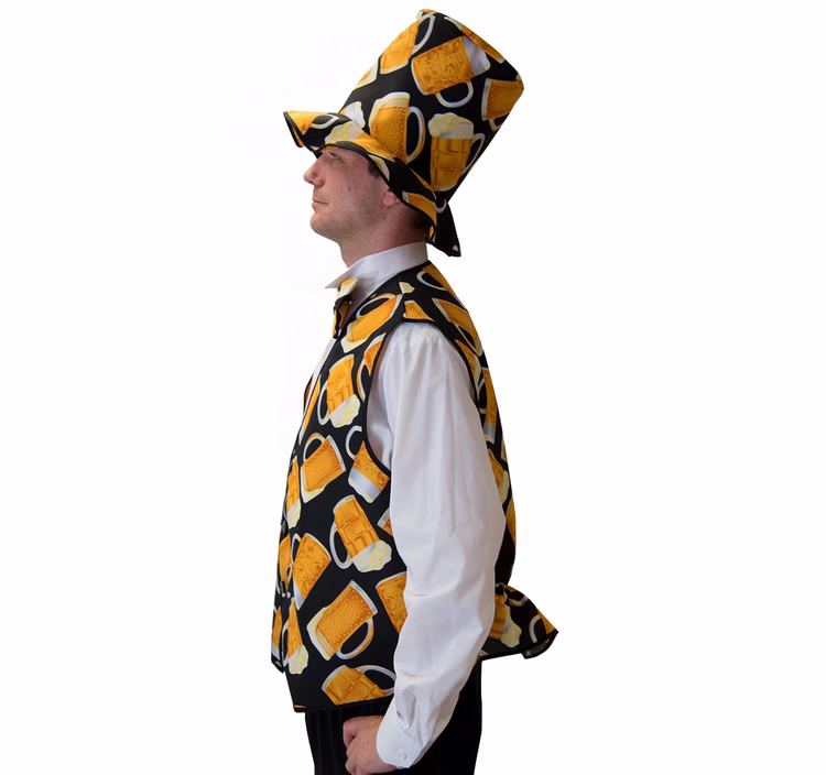 v Herren Bier Kostüm Weste mit Bierprint inkl. Hut und Fliege Gr. 54-58 JGA Männertag Mottoparty Fasching Karneval