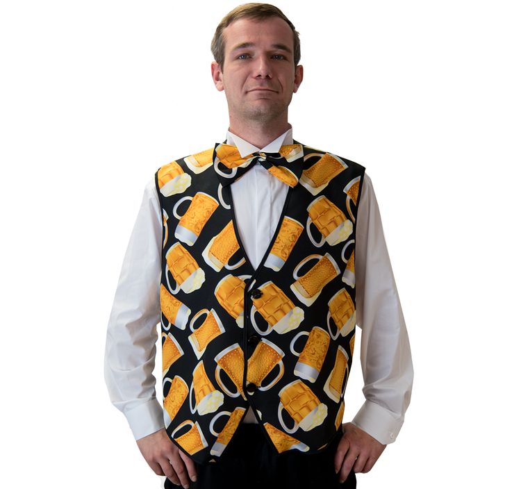 Herren Bier Kostüm Weste mit Bierprint inkl. Hut und Fliege Gr. 54-58 JGA Männertag Mottoparty Fasching Karneval