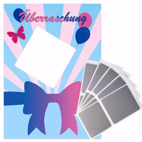 Babynews-Überraschungskarte im rosa-blauen Schleifen-Design mit großem Feld zum individuellen Beschriften und anschließendem Freirubbeln.