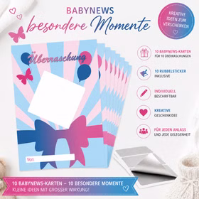 10 Babynews-Überraschungskarten im Schleifen-Design mit 10 silbernen Rubbelstickern zum individuellen Beschriften und Freirubbeln.