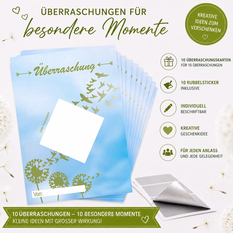 10 Rubbelkarten Pusteblume mit Rubbelstickern 10 Gutscheinkarten DIN A6 DIY Geschenkgutschein Beste Freunde Muttertag Überraschung Besondere Momente 10 Überraschungskarten im Pusteblumen-Design mit 10 silbernen Rubbelstickern für persönliche Gutscheine, Einladungen und kreative Überraschungen.