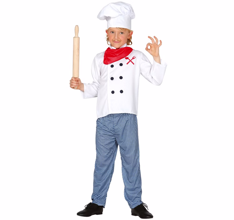 Bäcker Kostüm Patrice für Kinder 5-12 Jahre Fasching Karneval Weihnachtsbäckerei Kinderfasching Kinderküche Bäcker Kostüm Patrice für Kinder bestehend aus Oberteil, Hose, Kochmütze und Halstuch von Vorne.