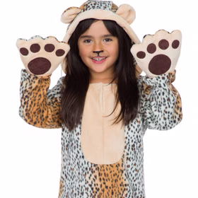 Nahaufnahme Leopard Kostüm Leopardin Wildkatze Shari für Kinder mit erhobenen Tatzen von Vorne