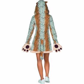 Leopard Kostüm Leopardin Wildkatze Shira für Damen Gr. 38-44 Tier Kleid Tierkostüm Tierkleid Katzenkostüm Großkatze Fasching Karneval Mottoparty Familienkostüm Rückansicht des Leopard Kostüms Shira für Damen mit Kapuze, angenähtem Schwanz und heruntergeklappten Pfoten-Fäustlingen.