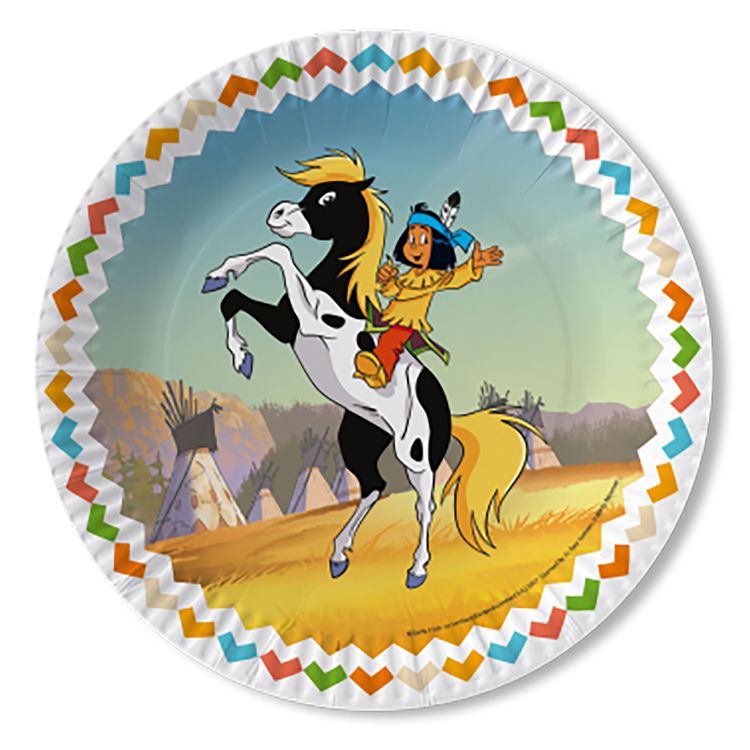 XXL Party-Set Kindergeburtstag Yakari für 6 Kinder, 68-tlg. Party-Set Kindergeburtstag Yakari deluxe für 6 Kinder 68-tlg. Pappgeschirr Indianer Mottoparty Fasching Karneval