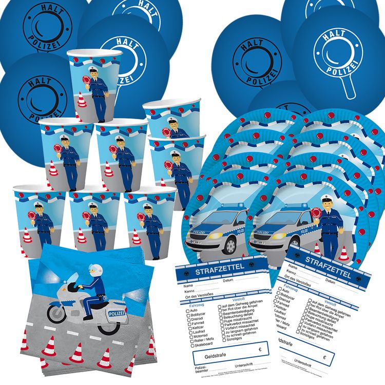 Polizei Party-Set Kindergeburtstag 52-tlg. Tisch-Deko Party-Set Kindergeburtstag Polizei 52-tlg. für 8 'Kinder Pappgeschirr Polizist Mottoparty Fasching Karneval Geburtstag