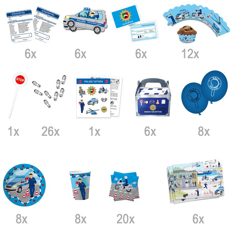 XXL Party-Set Kindergeburtstag Polizei für 6 Kinder 121 Teile Polizist Mottoparty Fasching Geburtstag