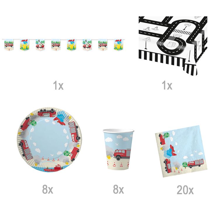 Party-Set Kindergeburtstag Feuerwehr, 38-tlg. Party-Set Kindergeburtstag Feuerwehr 38 Teile für acht Kinder bunt Geburtstag Jungen Mottoparty Feuerwehrmann Feuerwehrauto