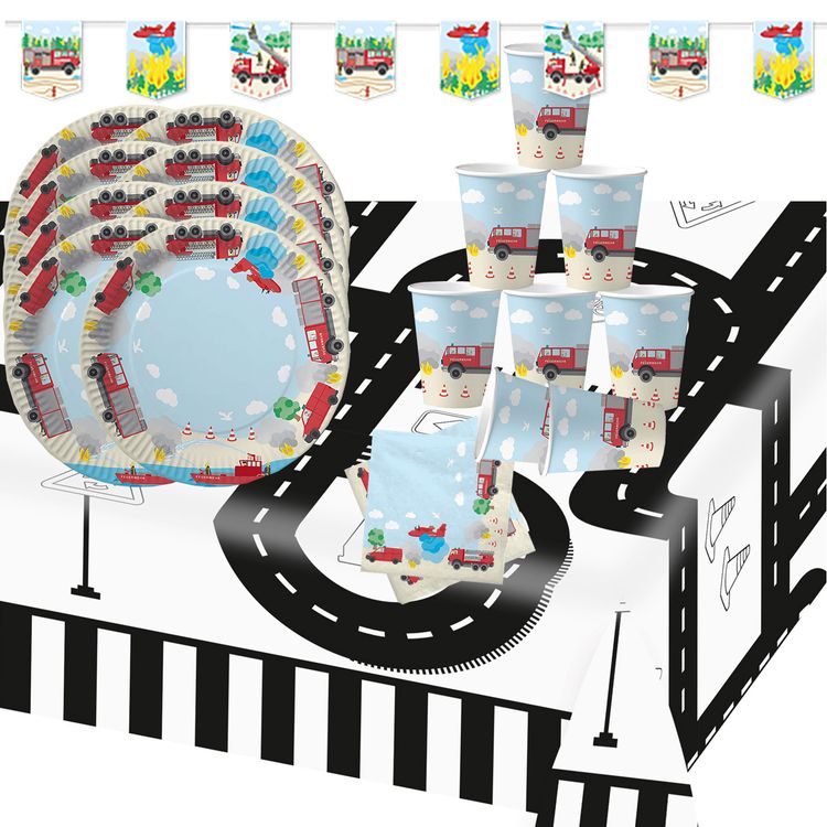 Party-Set Kindergeburtstag Feuerwehr, 38-tlg. Party-Set Kindergeburtstag Feuerwehr 38 Teile für acht Kinder bunt Geburtstag Jungen Mottoparty Feuerwehrmann Feuerwehrauto