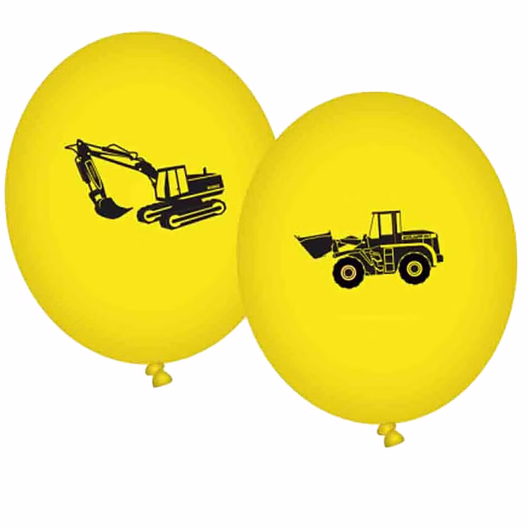 Bagger Party-Set Baustelle Party-Deko 52-tlg. Party-Zubehör Kindergeburtstag LKW Kipplader Mottoparty Geburtstag Feier Gelbe Luftballons mit Fahrzeug-Motiven.