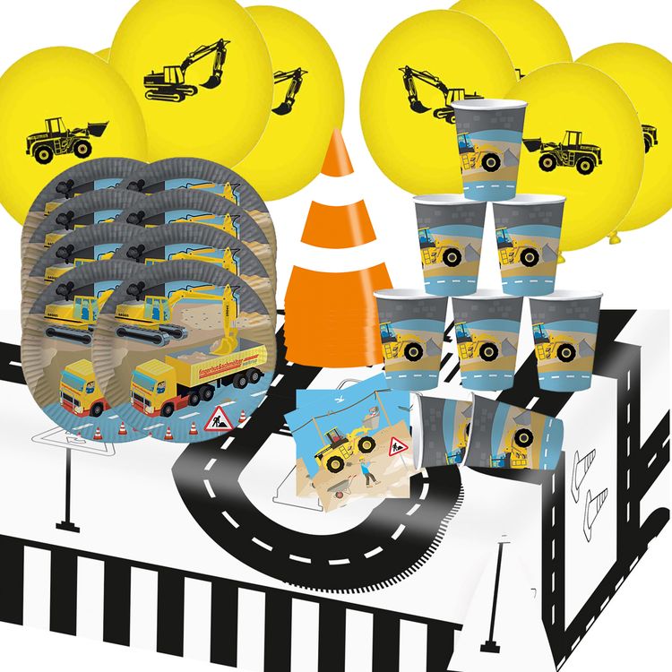 Party-Set Kindergeburtstag Baustelle Bagger 53-tlg. Pappgeschirr Mottoparty LKW Kipplader Geburtstag