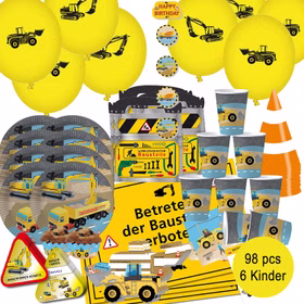 XXL Party-Set Kindergeburtstag Baustelle Bagger für 6 Kinder 98 Teile Bauarbeiter Mottoparty Baggerfahrer