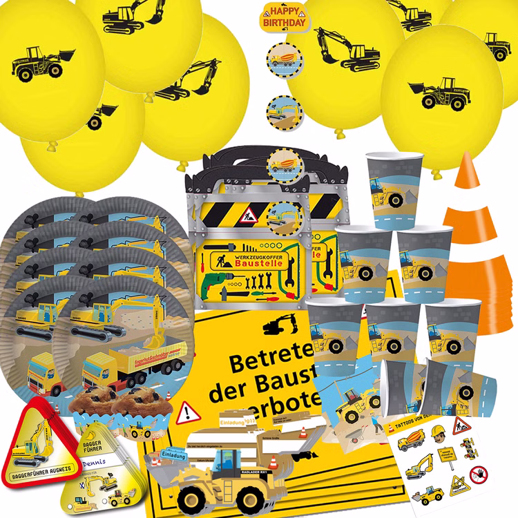 XXL Party-Set Kindergeburtstag Baustelle Bagger für 6 Kinder 98 Teile Bauarbeiter Mottoparty Baggerfahrer XXL Party-Set Kindergeburtstag Baustelle Bagger für 6 Kinder 98 Teile Bauarbeiter Mottoparty Baggerfahrer