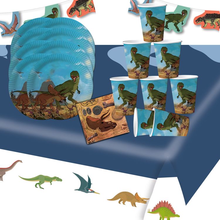 T-Rex Party-Set Dinosaurier 38-tlg. Tisch-Deko Kindergeburtstag  Party-Set Kindergeburtstag T-Rex Dinosaurier 38 Teile Pappgeschirr Dino Mottoparty Fasching Geburtstag