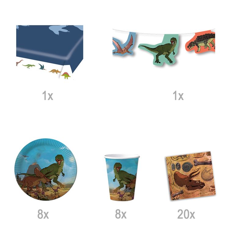 T-Rex Party-Set Dinosaurier 38-tlg. Tisch-Deko Kindergeburtstag  Party-Set Kindergeburtstag T-Rex Dinosaurier 38 Teile Pappgeschirr Dino Mottoparty Fasching Geburtstag