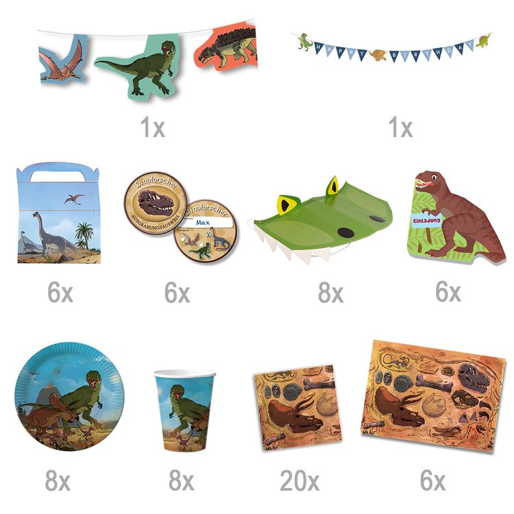 XXL Party-Set Kindergeburtstag T-Rex Dinosaurier für 6 Kinder 62 Teile Dino Mottoparty Geburtstag